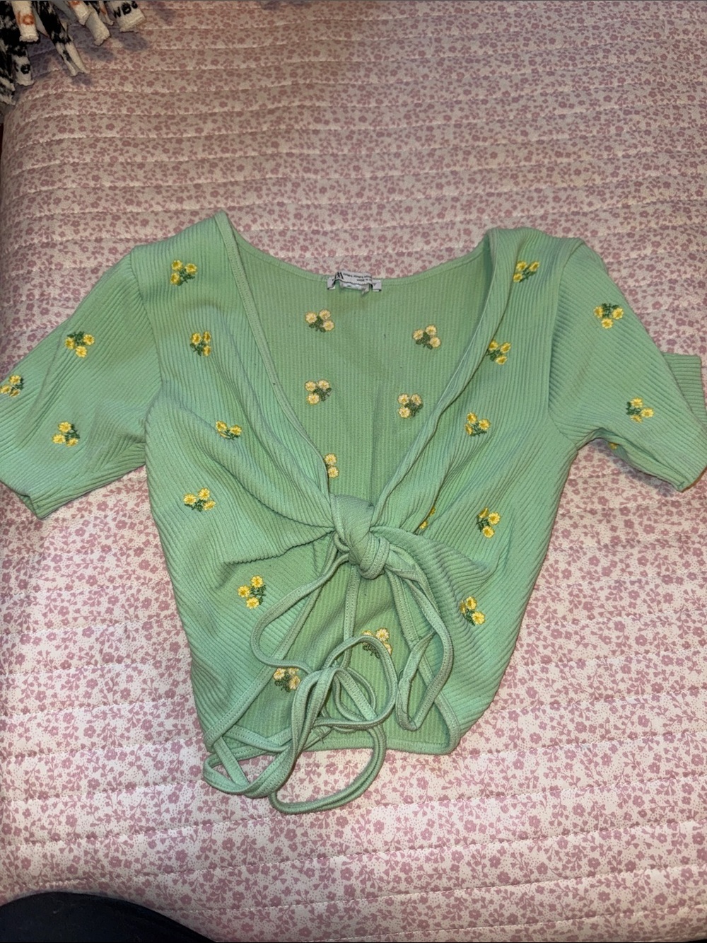 Zara Mint Green Floral Tie-Front Crop Top